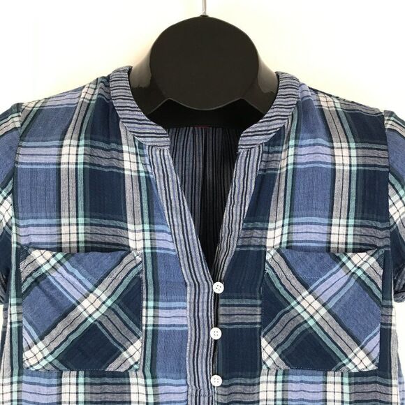 Vince Camuto Cotton Mixed-Print Henley Top Women's Small Split V-Neck Pockets - Picture 2 of 10